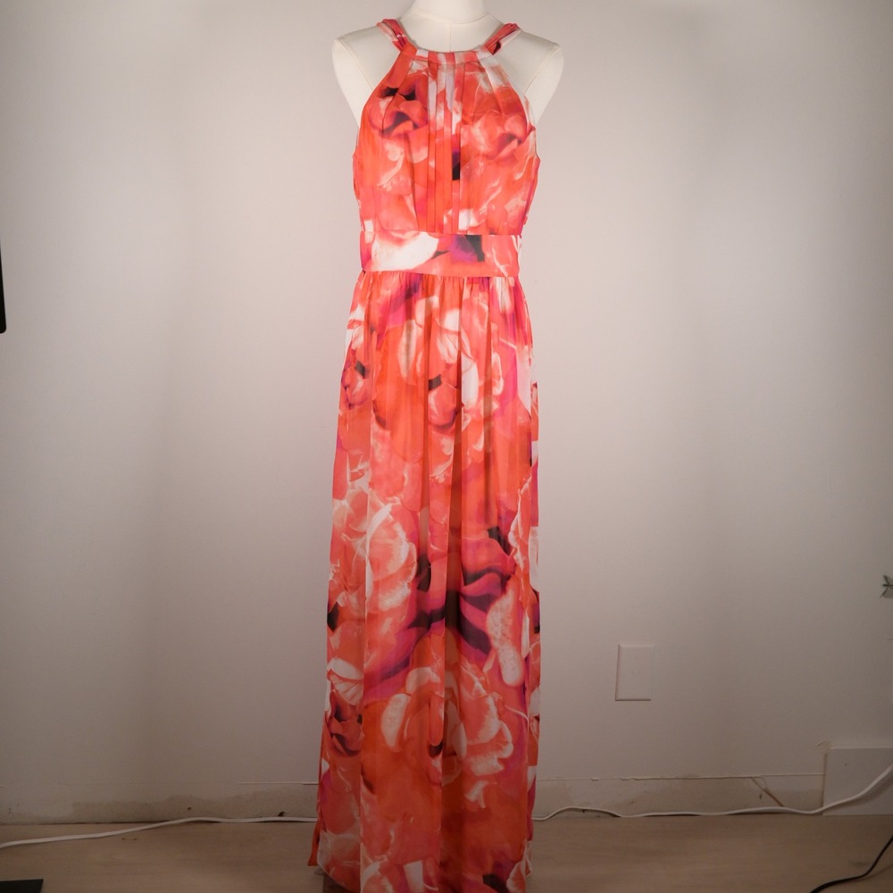 Eliza J Women Coral Pink Floral Chiffon Halter Maxi Dress Size 6 Pleated Gown